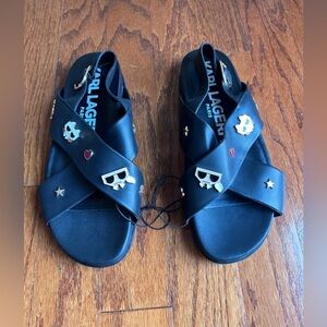 Karl Lagerfeld Black Crisscross Sandals with Enamel Embellishments